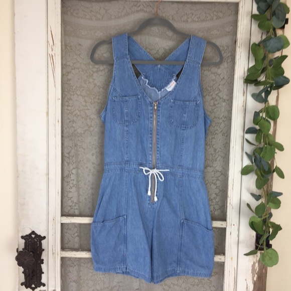 Vintage Pants - Vintage jean Zip Front Tie Waist Romper (GB18)